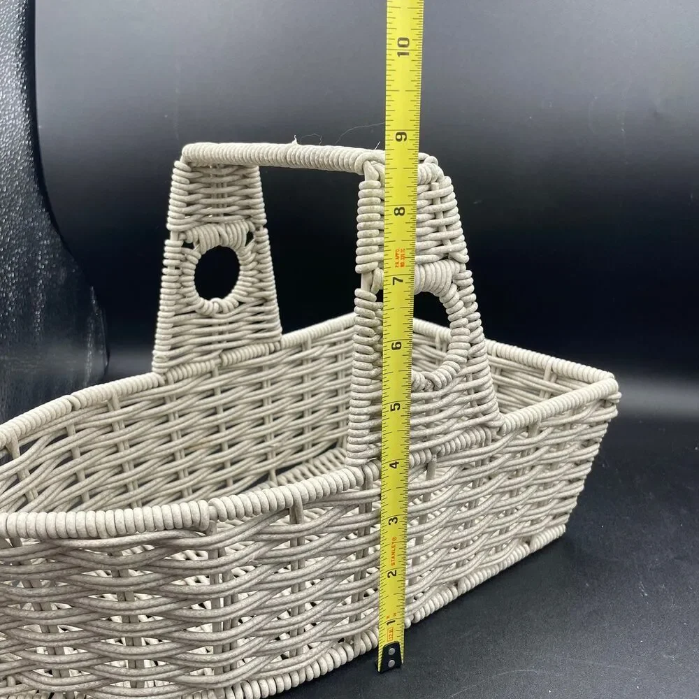 Vintage White Woven Faux Rattan Basket Metal Frame Heavy Weight Storage Caddy